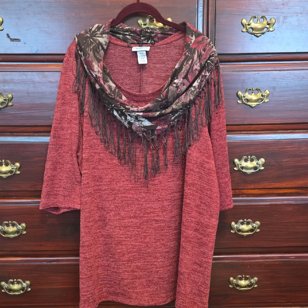 Catherines Red Heatherd 3/4 Sleeve Sweater with Patterned Fringe Scarf